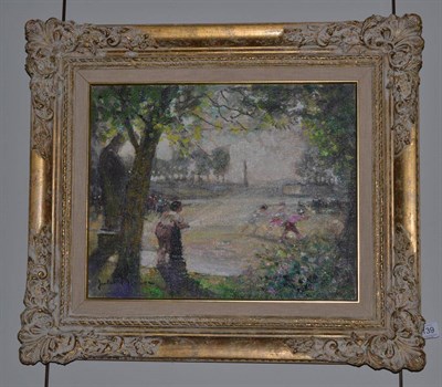 Lot 1139 - Jules R Herve (1887-1981) Children Playing with a hydrant in a park, signed, signed verso, oil...