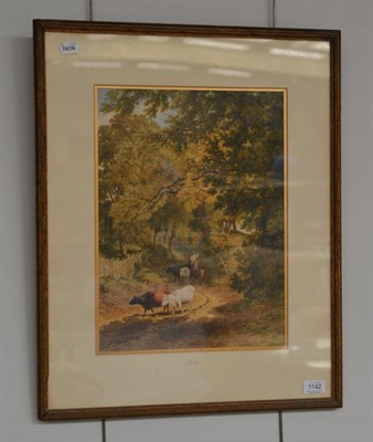 Lot 1142 - Robert Hills RWS (1769-1844) Farmer droving cattle down a tree lined pathway, signed and dated...