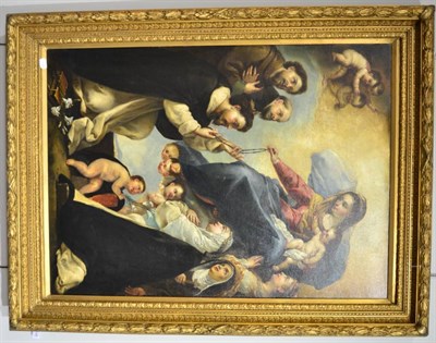 Lot 1148 - Spanish School in the 17th century style, The Virgin presenting the rosary to St. Dominic, oil...