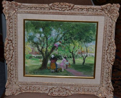 Lot 1179 - Jules R Herve (1887-1981) ";In the Orchard";, signed, inscribed verso, oil on canvas, 21cm by 26cm