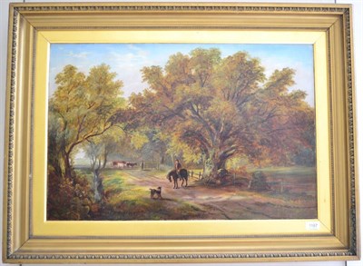 Lot 1187 - Joseph Mellor (fl.1850-1885) Horse mounted countryman on a wooded pathway, signed, oil on...