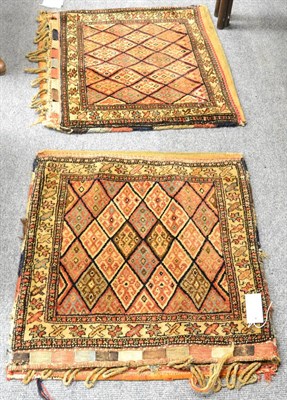 Lot 1258 - Pair of Jaff Kurd bagfaces, Persian Kurdistan, each with a polychrome lattice field of hooked...