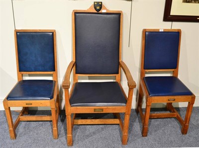 Lot 1357 - A suite of three Robert ";Mouseman"; Thompson Oak Chairs, comprising armchair with shield...