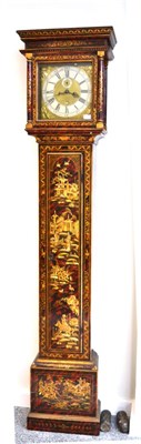 Lot 1362 - A Japanned eight day longcase clock, gilt decorated case with floral, bird and oriental pagoda...