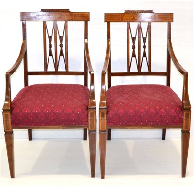 Lot 1366 - * A pair of Edwardian mahogany satinwood banded marquetry inlaid armchairs