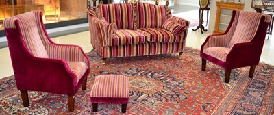 Lot 1389 - Five piece suite in multi-stripped fabric comprising a pair of knoll sofas, two wing back...