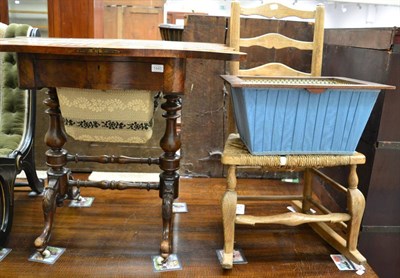 Lot 1440 - A Victorian walnut sewing/games table, rush seated chair and work box