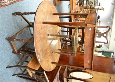 Lot 1477 - An 18th century oak gate leg table, three bedroom chairs and a bow fronted side table