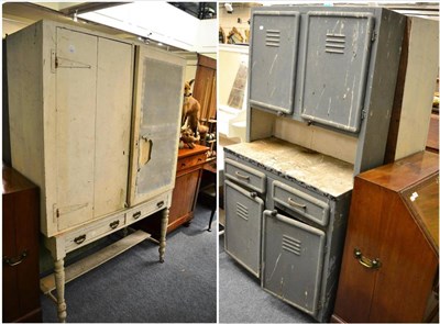 Lot 1483 - + A vintage metal kitchen cabinet and 19th century double door painted cupboard on later base