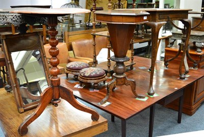 Lot 1498 - # A Victorian walnut sewing table, a reproduction chess top tripod table, an oak side table, a 19th