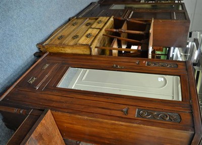 Lot 1501 - ~ A late Victorian mahogany washstand with gallery back, a late Victorian mirror door wardrobe,...