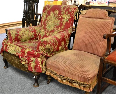 Lot 1573 - + A Victorian nursing chair upholstered in pink corduroy fabric and a late 19th century wing...