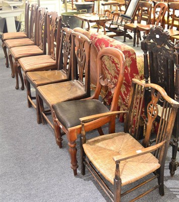 Lot 1574 - + A Victorian hall chair, a rush seated armchair, balloon back dining chair, two George III...