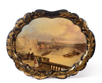 Lot 1725 - Jenners & Bettridge painted papier mache tray, bearing A Trollope & Sons label to verso