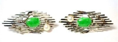 Lot 10 - A pair of jade, diamond and cultured pearl earrings, with screw-on fittings, length 4.6cm