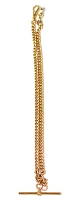 Lot 22 - A rose coloured Albert chain, of curb links, hung with a t-bar, each link stamped '9.375',...