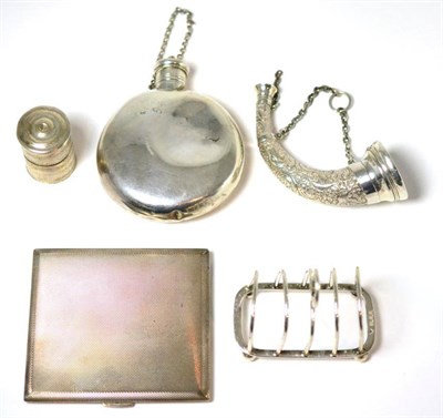 Lot 25 - A silver engine turned decorated cigarette case, a small toast rack, a hip flask, a silver...