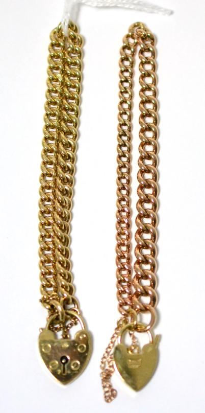 Lot 36 - Two curb and lock bracelets, one rose coloured and one yellow coloured, links stamped '9.375'...