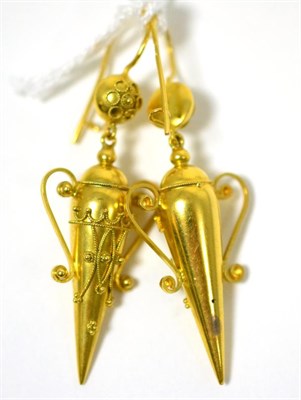 Lot 37 - A pair of earrings, in the Etruscan style, as urn shaped drops, overlaid with rope twist and...