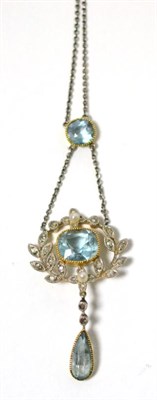Lot 42 - An aquamarine, diamond and pearl necklace, circa 1900, the three assorted shape aquamarines in...