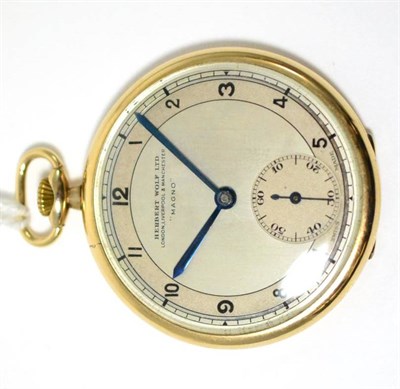 Lot 45 - An Art Deco 9ct gold open faced pocket watch, retailed by Herbert Wolf Ltd, ";Magno";, 1936,...