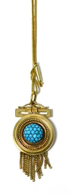Lot 73 - A turquoise fringed pendant on chain, a central cluster of turquoise cabochons within a fringed...