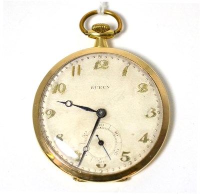 Lot 79 - An open faced pocket watch, signed Buren, circa 1930, lever movement signed, silvered dial with...