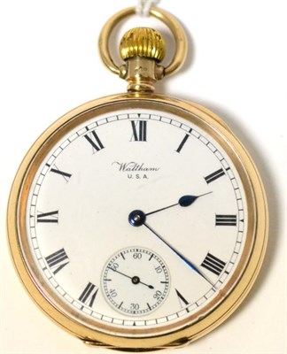 Lot 82 - A 9ct gold open faced pocket watch, signed Waltham, 1918, lever movement signed and numbered...