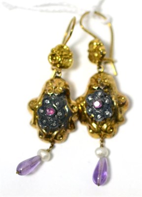 Lot 86 - A pair of drop earrings, each set with a ruby, rose cut diamonds, and a cultured pearl and amethyst