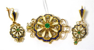 Lot 87 - An emerald and diamond enamelled brooch with matching earrings, a central emerald within borders of