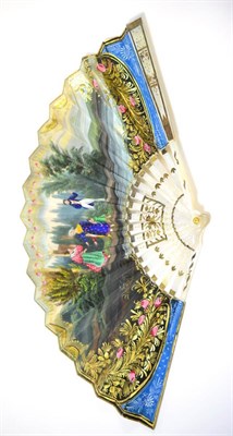 Lot 92 - A French mother-of-pearl fan with painted vellum leaf