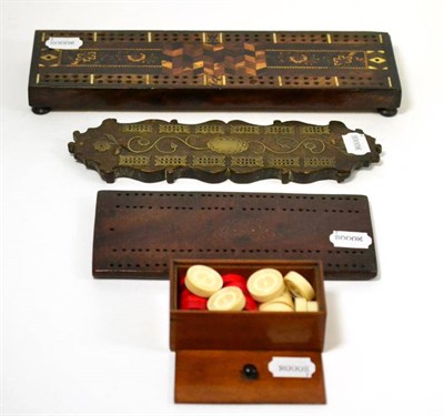 Lot 117 - Three 19th century gaming boards with brass inlay and Tunbridge ware inlay together with ivory...