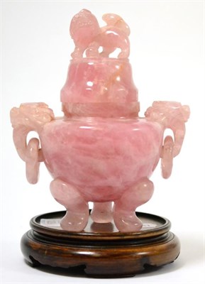 Lot 129 - A Chinese pink quartz twin-handled censer, late 19th century/early 20th century, 21cm high,...