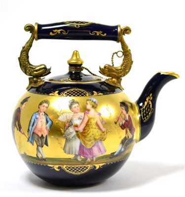 Lot 168 - A gilt metal mounted Vienna porcelain tea kettle and cover, circa 1900, decorated with 18th century