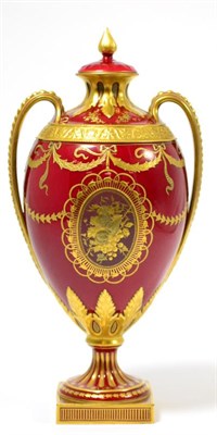 Lot 178 - A Royal Crown Derby twin-handled classical urn shaped vase and cover, gilt with medallions and...