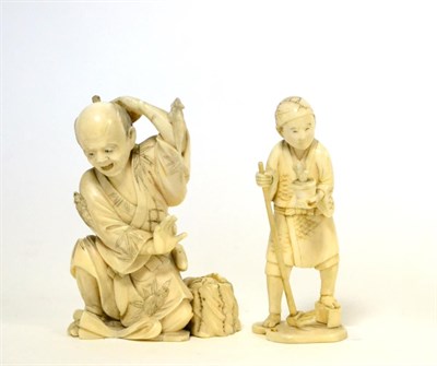 Lot 181 - Japanese ivory okimono, Meiji period, as a seated rat catcher, 10cm high; and a similar figure of a