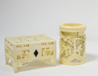 Lot 188 - A 19th century Cantonese carved and pierced ivory small trinket box, 7.5cm high, and a similar...