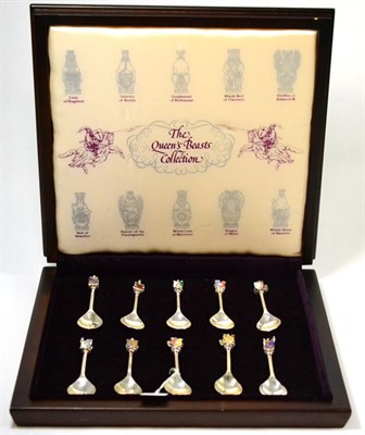 Lot 210 - The Queen's Beasts' set of ten silver and enamel spoons