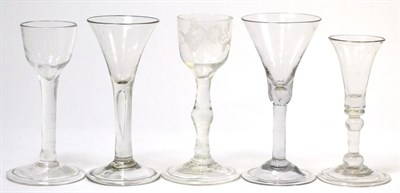 Lot 221 - A group of five 18th century wine glasses, with various bowls and folded feet
