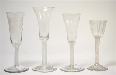 Lot 225 - Four various 18th century wine glasses on opaque twist stems