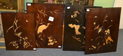 Lot 248 - &gt;A group of five Japanese bone and mother-of-pearl applied panels, Meiji Period, each signed and