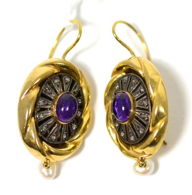 Lot 275 - A pair of amethyst, diamond and pearl earrings, an oval cabochon amethyst in yellow rubbed over...