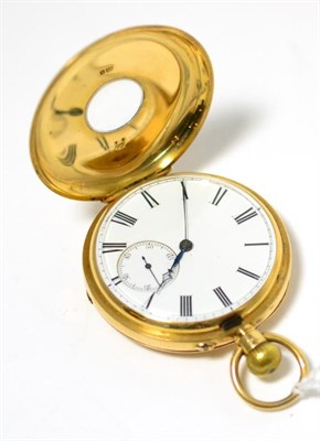 Lot 305 - An 18ct gold half hunter pocket watch, 1884, lever movement, diamond endstone, enamel dial with...