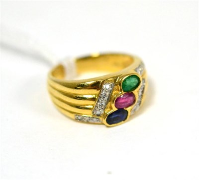Lot 313 - A multi-gemstone and diamond ring, an oval cut sapphire, ruby and emerald in yellow rubbed over...