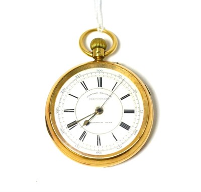 Lot 332 - An 18ct gold chronograph pocket watch, 1893, lever movement, enamel dial with Roman numerals,...