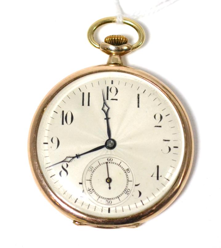 Lot 334 - A 9ct gold open faced pocket watch, 1945, lever movement, silvered dial with Arabic numerals,...