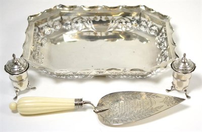 Lot 344 - A Victorian presentation silver trowel, dated 1881, a pair of silver pepperettes and a an early...