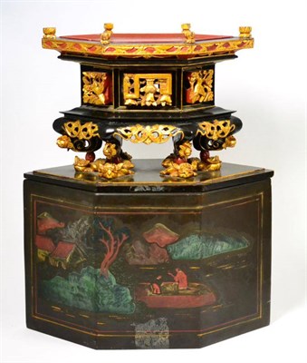 Lot 359 - A Chinese lacquer travelling shrine, Qing Dynasty, painted with landscape and objects, the...
