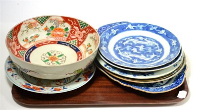 Lot 363 - A 19th century Imari decorated bowl, an Imari plate, five Chinese export circular plates, an...