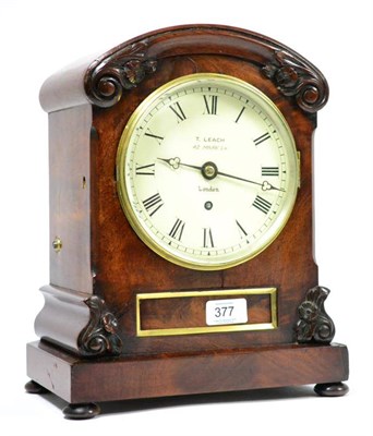 Lot 377 - A mahogany table timepiece, T Leach, 42 Mark Ln, London, circa 1870, carved mounts, bun feet,...